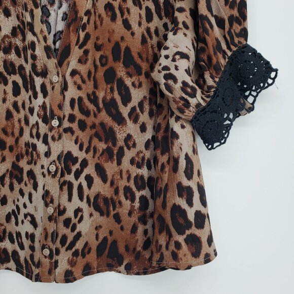 Free People My Love Leopard Print Blouse Top XS Lace Trim Cropped Black Brown - Picture 7 of 10